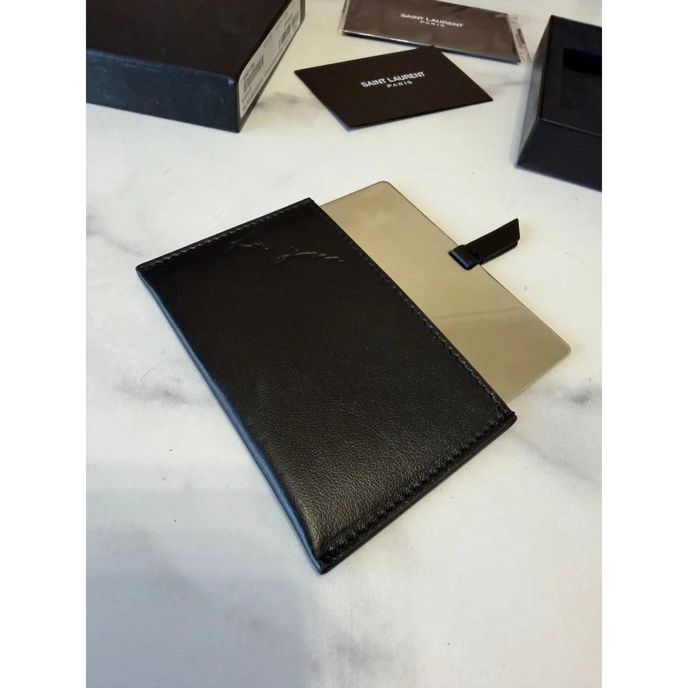 YSL Saint Laurent Paris Leather Card Holder Black Mirror Case Business Luxury
